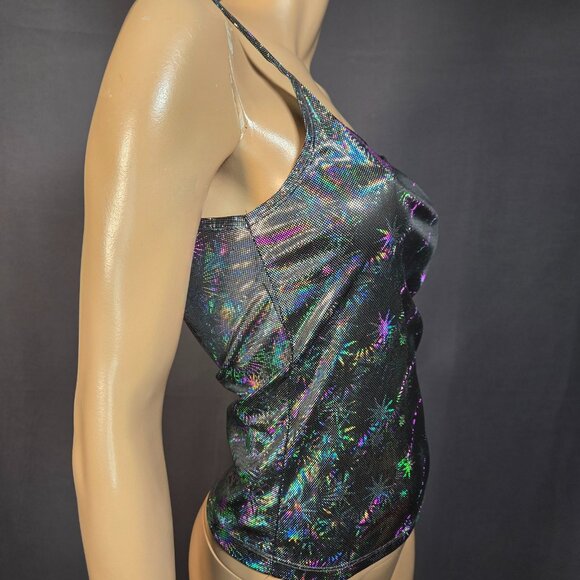 Vintage 90s Y2k Le Chateau Silver Metallic Iridescent Stars Tank Top Size M - Picture 10 of 11